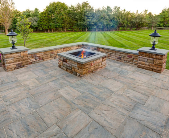 ep henry chiseled stone in slate green with stone firepit