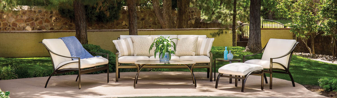 brown jordan pasadena outdoor collection with deep seated chairs, sofa and table