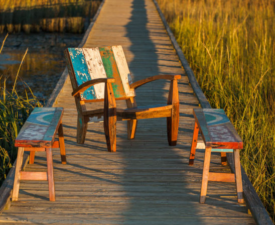 reclaimed boatwood benches and chairs from Warehouse 2120