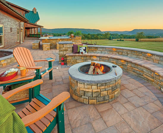 ep henry cast stone wall and fire pit with adirondack chairs