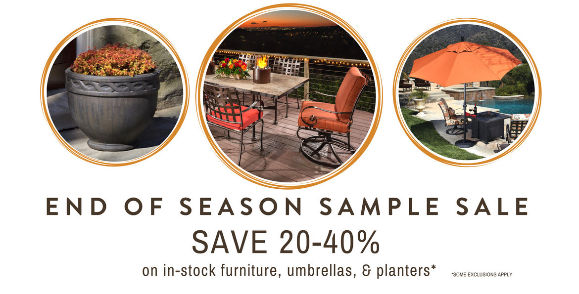 Sample sale on outdoor furniture and planters and fountains and umbrellas