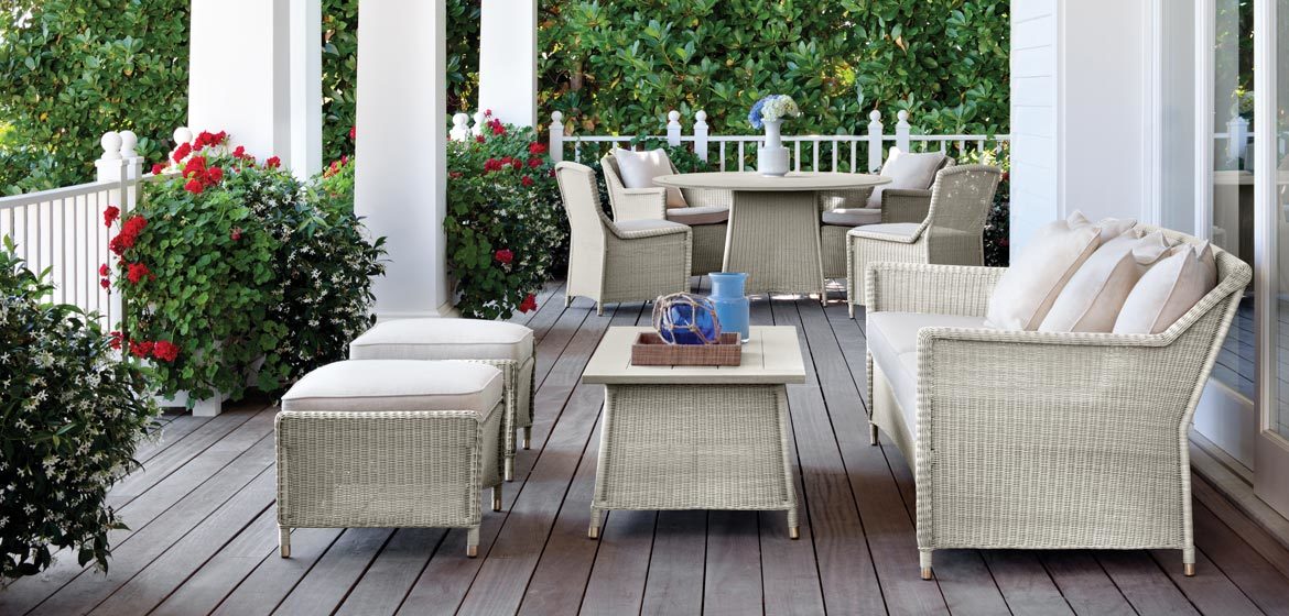 Southampton all-weather outdoor wicker from brown jordan on a stylish front porch