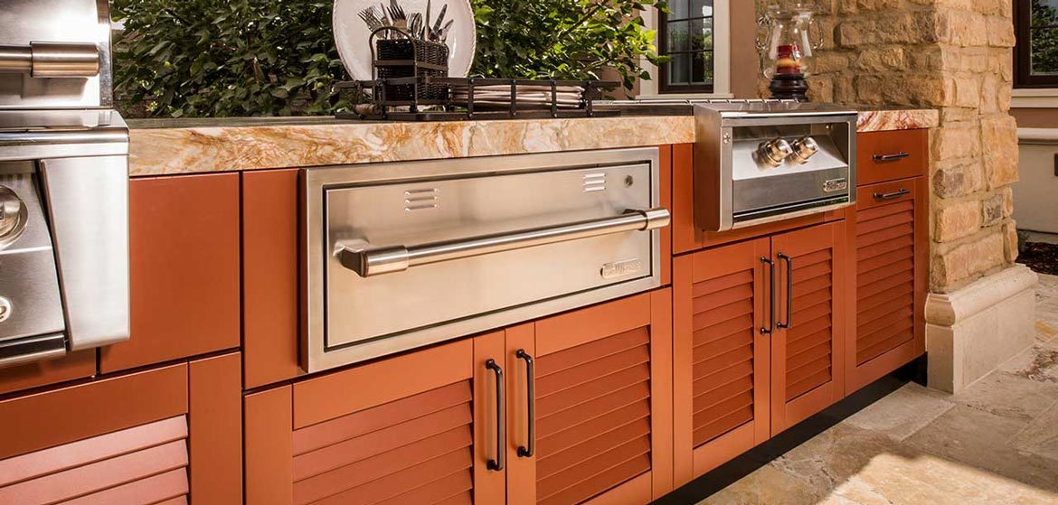 danver outdoor kitchens louver door with built in grill and built in side burner and outdoor kitchen warming drawer