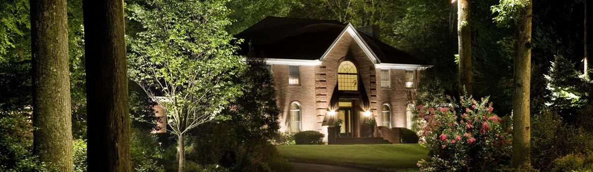 extensive cast landscape lighting showcasing a beautiful brick home in the woods