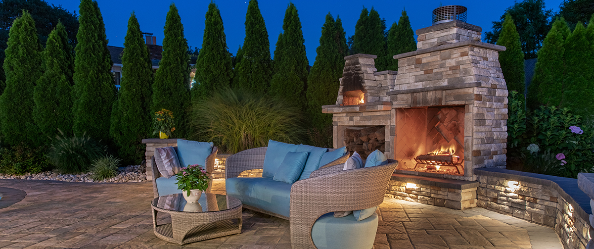 Outdoor fireplace with a chimney. 